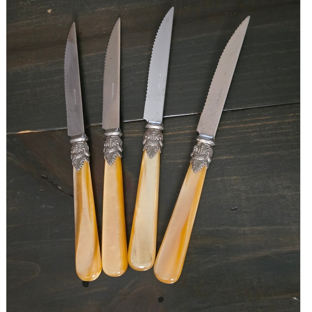 Vintage Inox Italy Steak Knives Set of 4 Faux Mother‎ of Pearl Butterscotch Inox